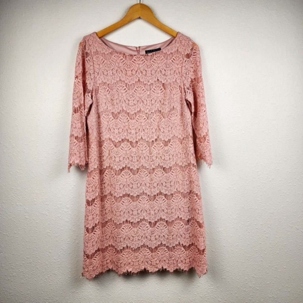 Jessica Howard Light Pink Lace Sheath Illusion Dress 3/4 Sleeve Size 12